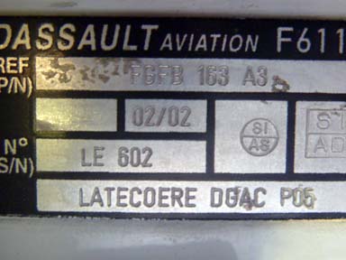 Data Plate Dassault Falcon Flap Assy Part Exchange pn FGFB163A3